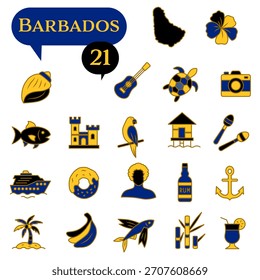 Un conjunto de coloridos iconos delineados dedicados a la vida en la isla de Barbados. EPS 10.