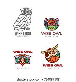 Set of colorful and outlined owl logo templates, vector illustration isolated on white background. Owl head and body logo, logotype, badge templates for companies, schools and colleges