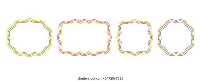 Set of colorful oval, rectangle, square and circle shapes with wavy edges. Simple geometric forms with scalloped borders. Empty text boxes, tags or labels templates. Vector graphic illustration.