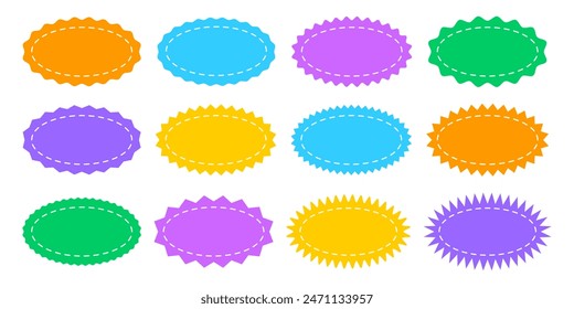 Set or colorful oval shapes with curvy and zigzag borders and stitch lines. Empty price, discount, sale offer, coupon, promo code tags. Speech bubbles, messages or text boxes. Vector flat illustration