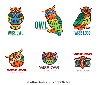 Set of colorful owl logo templates. Vector illustration isolated on white background. Great multicolored owl logo templates for companies, schools and colleges