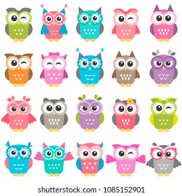 set of colorful owls