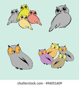 Set of colorful owls