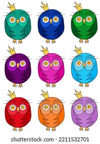 Set of colorful owls in doodle style. Avatar design. Design element. Children's drawing. Vector illustration isolated on transparent background