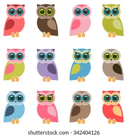 set of colorful owls and owlets