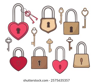 Set of colorful Padlocks with keys in doodle style. Realistic hand drawn padlock heart for Valentine's Day design for romantic gifts and decorations.