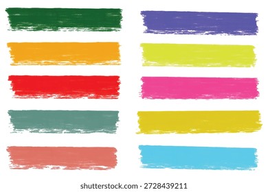  Set of colorful paint brush strokes, crayon texture collection. Hand-drawn marker pen under lines or highlight doodles elements for emphasis. Rectangle brush stain. Grungy chalk brushes wax pencil.