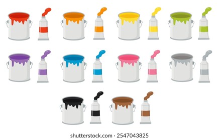 Set of colorful paint cans and paint tubes. Vector illustration.