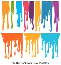 Set of colorful paint drips flows down isolated from background. Clip arts of sticky dye. Colorful collection of pour liquid oil for banner and badges.