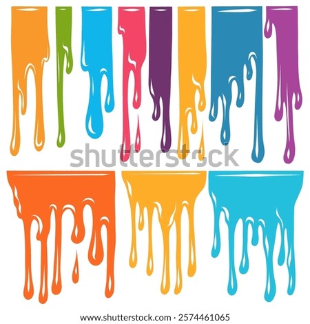 Set of colorful paint drips flows down isolated from background. Clip arts of sticky dye. Colorful collection of pour liquid oil for banner and badges.