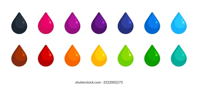 Set of colorful paint drops in black, pink, purple, blue, teal, green, yellow, orange, red, and brown. Flat vector illustration isolated on a white background. Color palette and art supplies concept