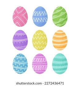 Set of colorful paint Easter eggs isolated on white. Traditional hand drawn ornament Easter eggs, cute pastel color painted eggs decor element, happy spring holiday egg hunt vector illustration.