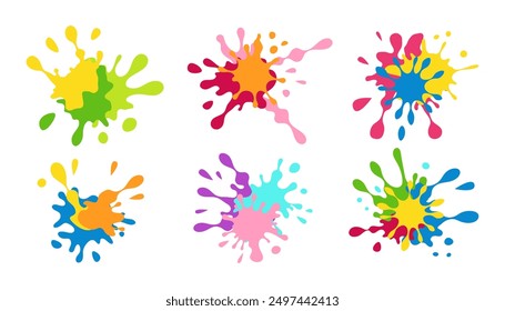 Set of Colorful paint ink splashes, rainbow color paint splatter design. Grunge splashes, drops, spatters cartoon style. Holi spring festival set. Flat vector illustration isolated on white