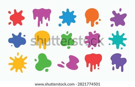 Set of colorful paint splash liquid blobs and ink drops.