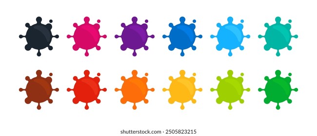 Set of colorful paint splashes in black, brown, red, orange, yellow, green, blue, teal, purple, pink. Flat vector illustration isolated on white background. Art concept. Perfect for creative projects