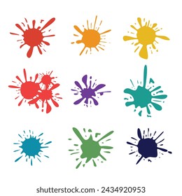 Set of colorful paint splashes. Flat collection of round splashes, fluid decorative shapes. Different splashes and drops, cartoon splashes isolated on white background. Vector illustration.