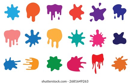 Set of colorful paint splashes icon vector. Paint splatter colorful set, color ink blots. Different splashes and drops, cartoon spatters. Vector illustration.