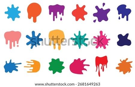 Set of colorful paint splashes icon vector. Paint splatter colorful set, color ink blots. Different splashes and drops, cartoon spatters. Vector illustration.