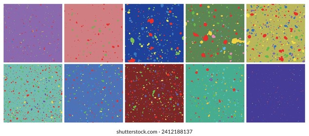 Set of Colorful Paint Splatter Patterns - Watercolor Splash, Colorful Paint Drops Texture Background, Vector Illustration.