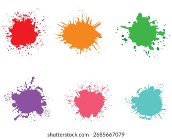 Set of colorful paint splatters and splashes vector graphics. Abstract ink stain collection ideal for posters, web, print, and creative design projects.