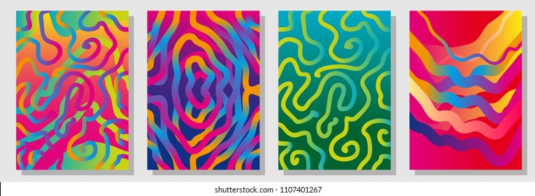 Set of colorful painted backgrouds with carnival motifs. Template for cards, banners, posters. New minimalism design. Expressive stripped animal print. Red, yellow, purple, green.