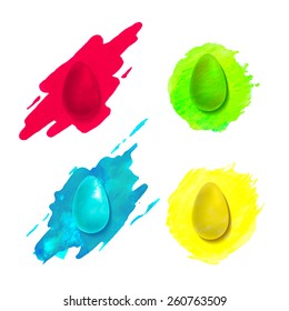 Set of colorful painted eggs. Bright textured vector realistic illustration with vibrant paint splashes.