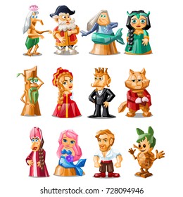 Set of colorful painted wooden figurines of characters from famous fairy tales isolated on white background. Vector cartoon close-up illustration.