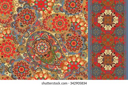 Set of colorful paisley seamless pattern and stripped. Vintage paisley background.