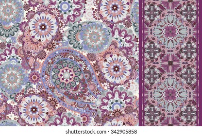 Set of colorful paisley seamless pattern and stripped. Vintage paisley background.