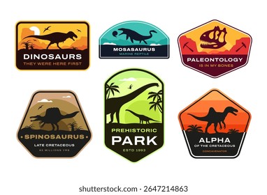 Set of colorful paleontology vector badges featuring Spinosaurus, Mosasaurus, Concavenator, Brachiosaurus and T.Rex. Includes slogans and prehistoric park emblems