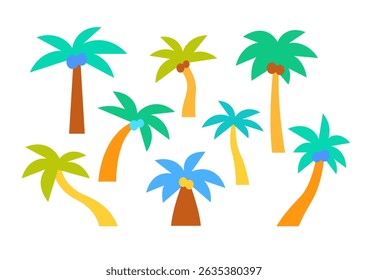 A set of colorful palm tree illustrations. Summer tropical vibe trees clip art collection. Flat vector design sources.