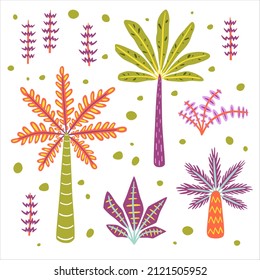 Set with colorful palms and pants. Vector flat illustration collection