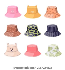 Set of colorful panama hats isolated on white background. Hats in cartoon style. Women's and men's accessories. Vector illustration.