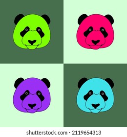 Set with colorful pandas on isolated squares. Vector drawing.