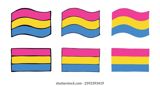 Set of colorful Pansexual pride flag Happy pride day LGBTQIA community Pride Month Vector hand drawn doodle for posters, stickers, logo, cards