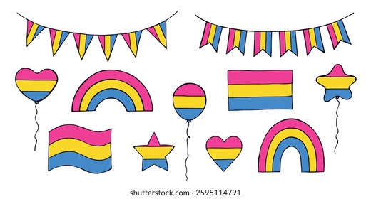 Set of colorful Pansexual pride flag Happy pride day LGBTQIA community Pride Month Vector hand drawn doodle for posters, stickers, logo, cards