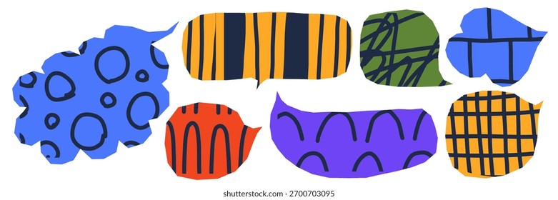 Conjunto de burbujas de papel de colores con Formas redondas texturizadas. Las ondas y los puntos dibujados a mano como niños agregan un tono juguetón. Ideal para iconos de voz o fondos de moda