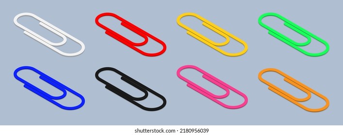 Set of colorful paper clip. 3D isometric illustration. Flat style. Isolated vector for icon, presentation, infographic, website, apps, printing and other uses.