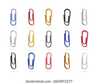 Conjunto de clipes de papel coloridos. Material de escritório diferente para organização e papel de ligação. Elemento de projeto de coleção estacionária para conceito de negócios.