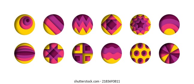 Set of colorful paper cut circle icon with abstract geometric design inside. Modern 3D papercut art icon collection. Trendy cutout layered origami bundle.