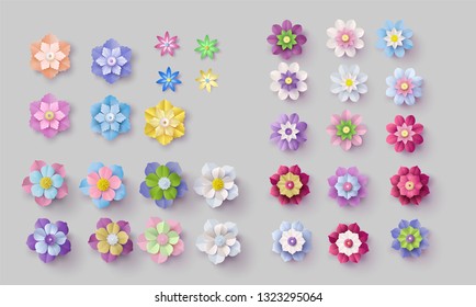 Set Of Colorful Paper Flowers . Paper Art Style 