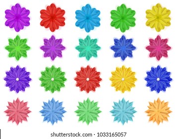 Set of colorful paper flowers with shadows, isolated on white background
