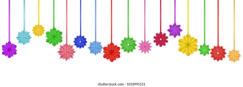 Set of colorful paper flowers with shadows, hanging on ropes