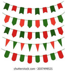 Set of colorful paper garlands, Bunting flags for Christmas, New year, birthday. Christmas elements bunting for holiday decoration. Templates for scrapbooking. Vector illustration, white background