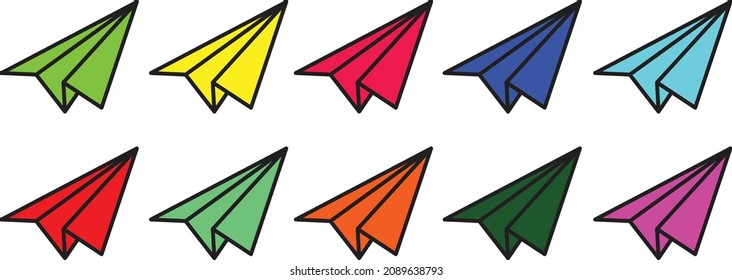 Set Of Colorful Paper Planes Icons Vector Illustration. Simple Flat Design origami paper planes. Travel Icons