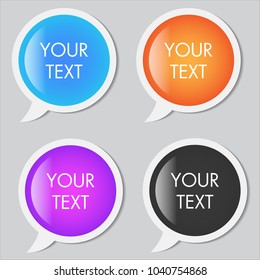 Set of Colorful Paper Speech Bubbles. Chat icon logo template. Transparent glossy glass speech bubble set. Symbol of conversation and communication. Emblem of business dialog. Sign of Internet talk.
