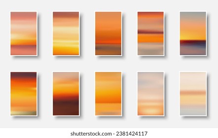 Set of colorful paper sunset and sunrise sea cards. Abstract blurred textured gradient mesh color backgrounds. Made for invitation, webpages, apps, party flyer, simple web design. Vector illustration.
