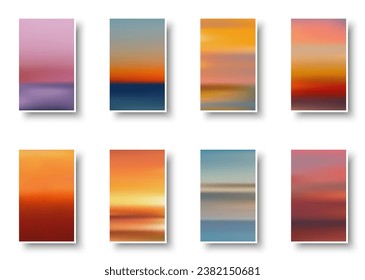 Set of colorful paper sunset and sunrise sea cards. Abstract blurred textured gradient mesh color backgrounds. Made for invitation, webpages, apps, party flyer, simple web design. Vector illustration.