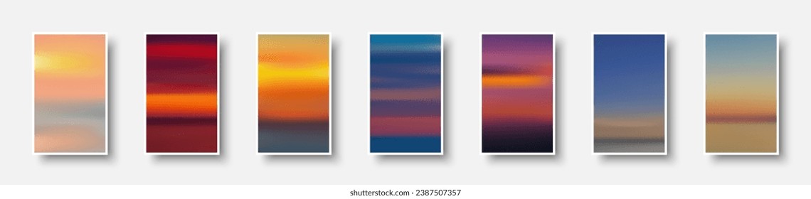 Set of colorful paper sunset and sunrise sea cards. Abstract blurred textured gradient mesh color backgrounds. Made for invitation, webpages, apps, party flyer, simple web design. Vector illustration.