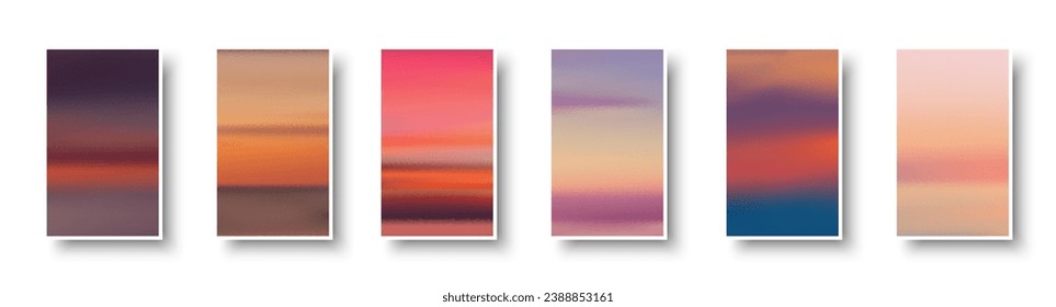 Set of colorful paper sunset and sunrise sea cards. Abstract blurred textured gradient mesh color backgrounds. Made for invitation, webpages, apps, party flyer, simple web design. Vector illustration.